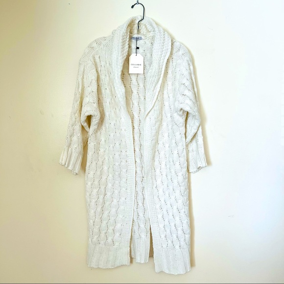 NWT Cellabie Vetements Chunky Knit Open Drape Hoodie Cardigan Sweater Ivory - Picture 1 of 12